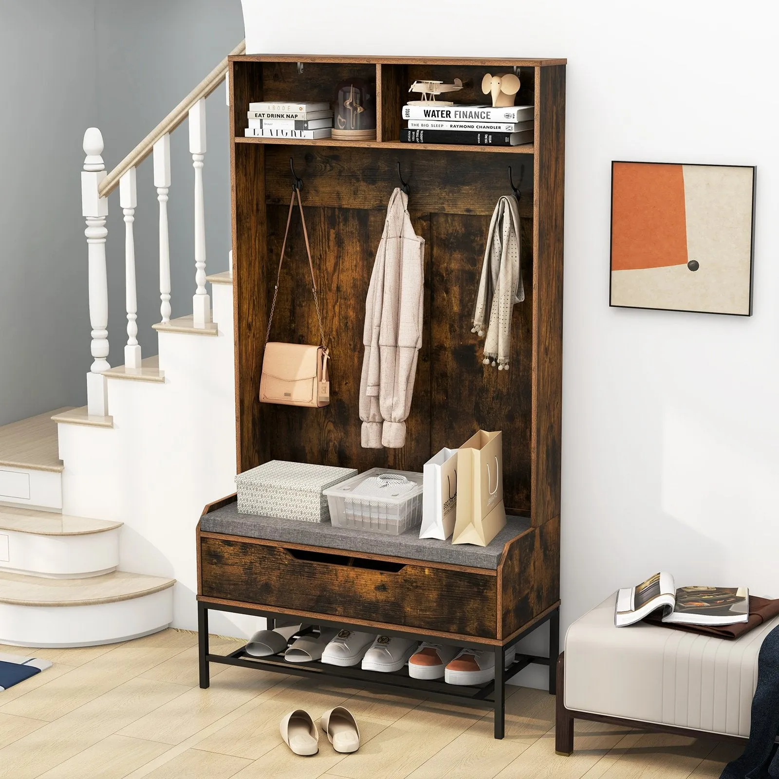 4-in-1 Coat Rack with Seat Cushion and Open Compartments-Rustic Brown