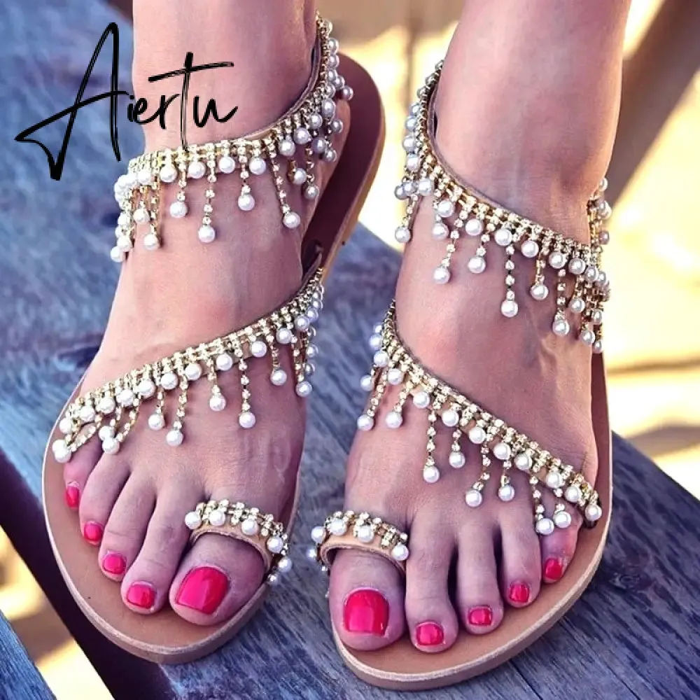 Aiertu Women Sandals Summer Shoes Flat Pearl Sandals Comfortable String Bead Slippers Women Casual Sandals Size 34 - 43