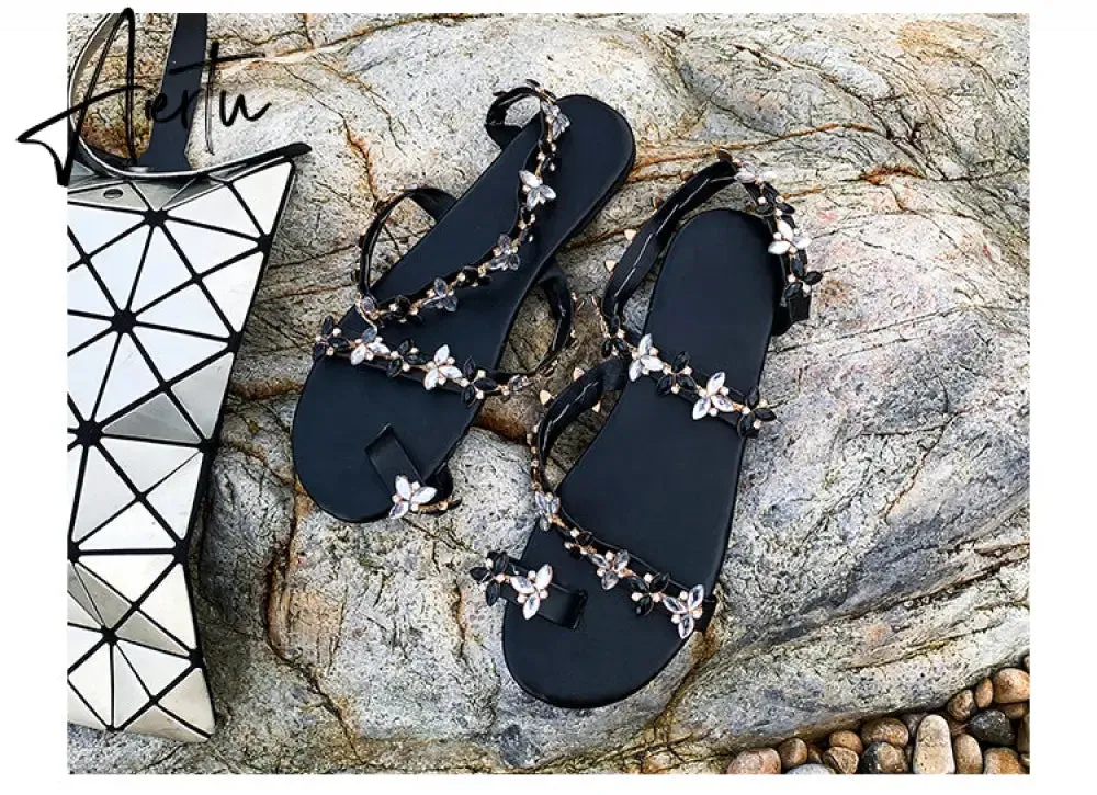 Aiertu Women Sandals Summer Shoes Flat Pearl Sandals Comfortable String Bead Slippers Women Casual Sandals Size 34 - 43