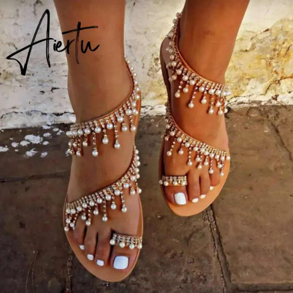 Aiertu Women Sandals Summer Shoes Flat Pearl Sandals Comfortable String Bead Slippers Women Casual Sandals Size 34 - 43