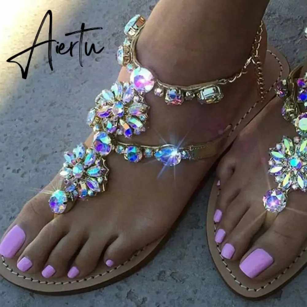 Aiertu Women Sandals Summer Shoes Flat Pearl Sandals Comfortable String Bead Slippers Women Casual Sandals Size 34 - 43
