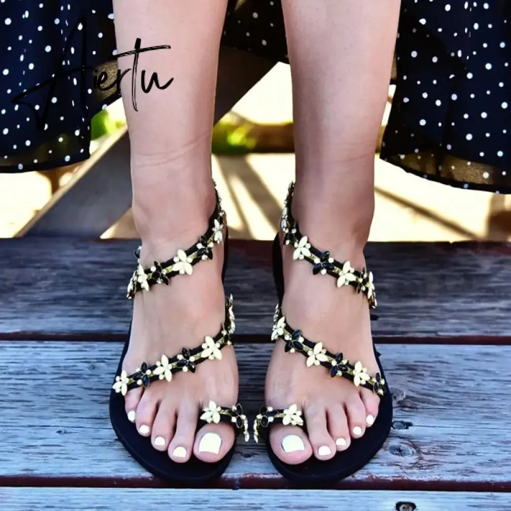 Aiertu Women Sandals Summer Shoes Flat Pearl Sandals Comfortable String Bead Slippers Women Casual Sandals Size 34 - 43