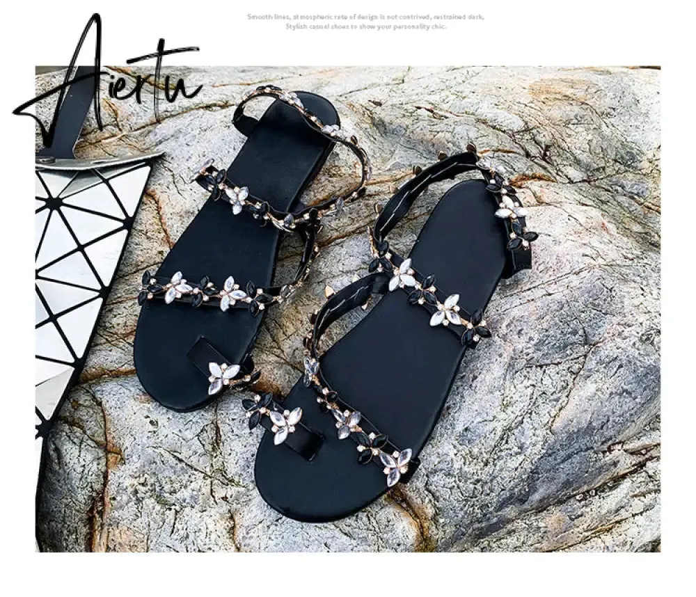 Aiertu Women Sandals Summer Shoes Flat Pearl Sandals Comfortable String Bead Slippers Women Casual Sandals Size 34 - 43