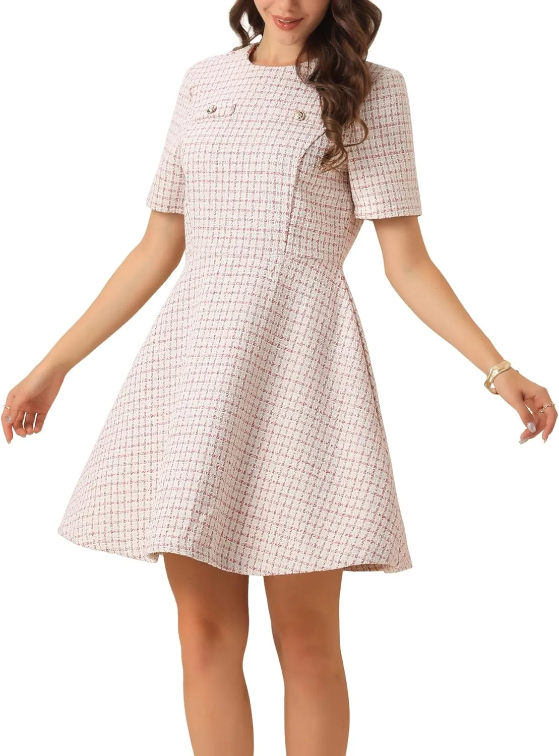 Allegra K Women's Elegant Short Sleeve A-line Dresses Plaid Tweed Dress