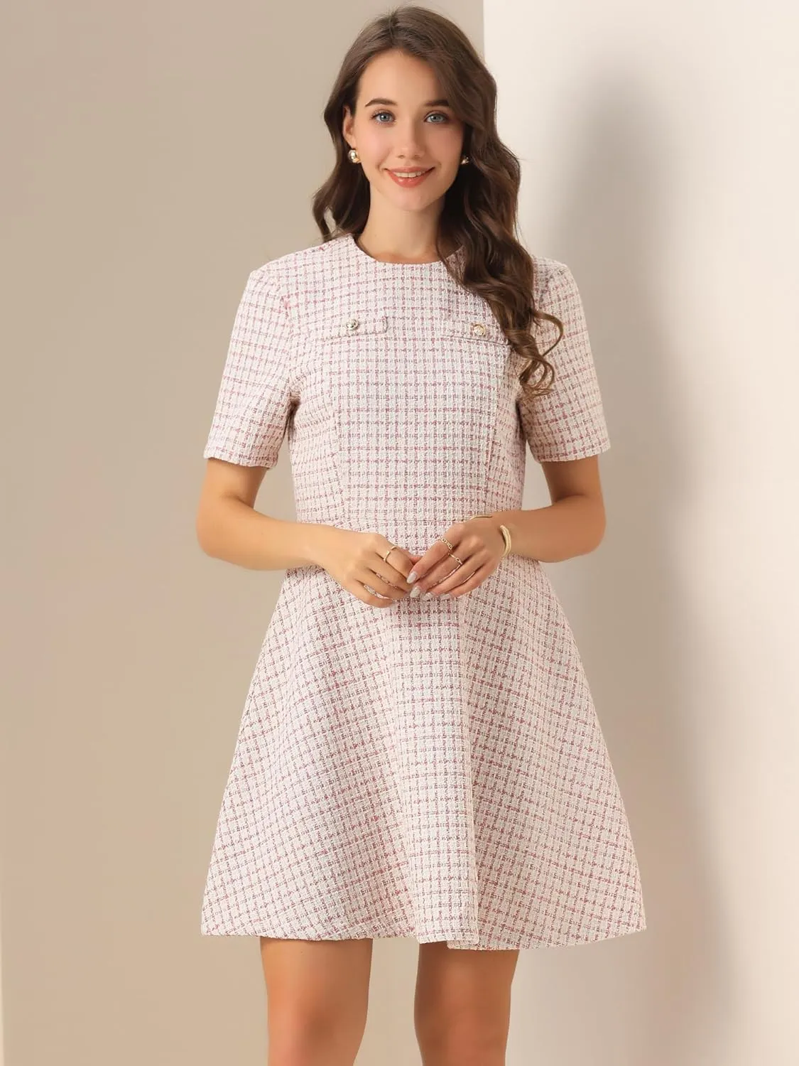 Allegra K Women's Elegant Short Sleeve A-line Dresses Plaid Tweed Dress