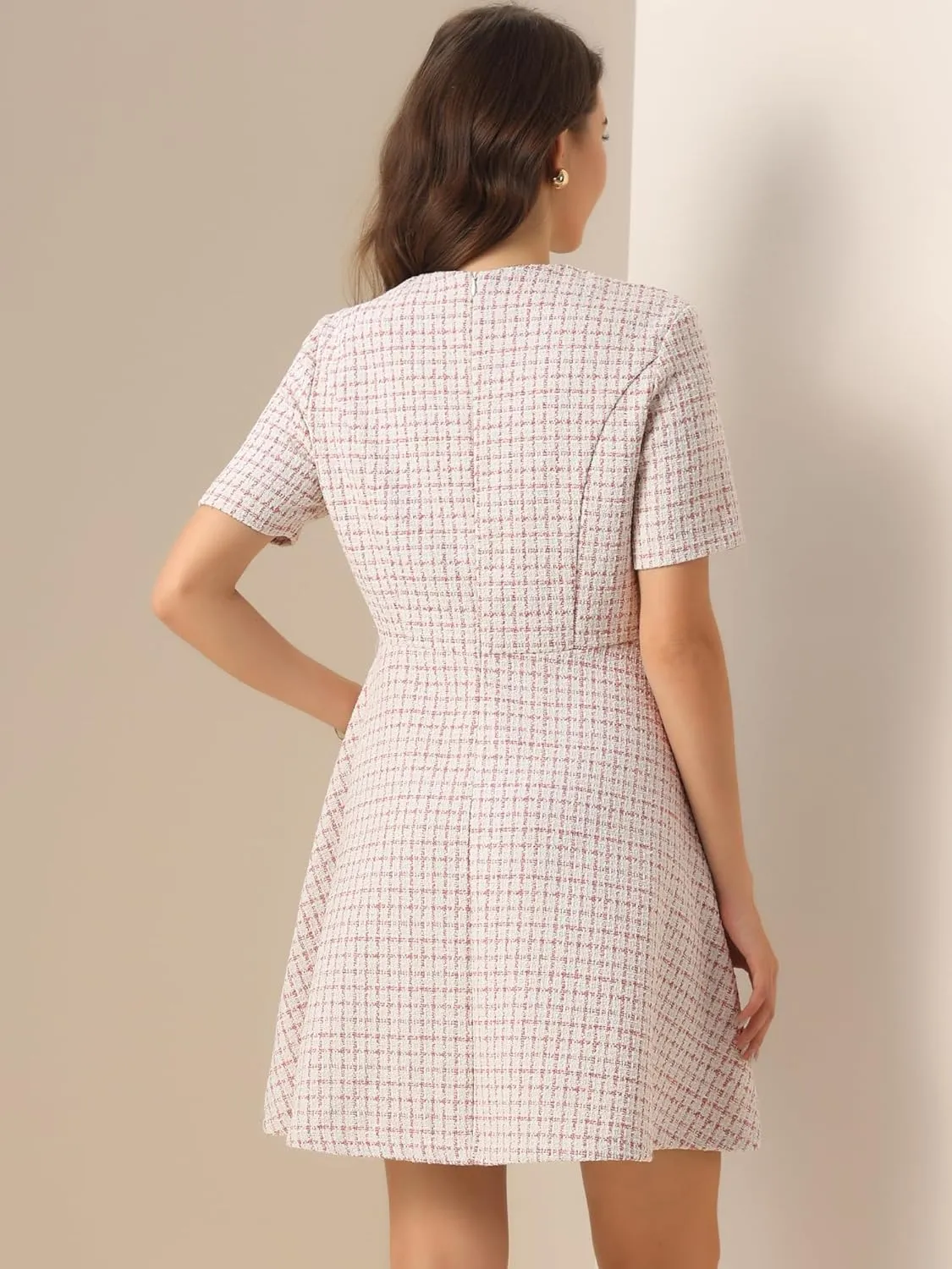 Allegra K Women's Elegant Short Sleeve A-line Dresses Plaid Tweed Dress