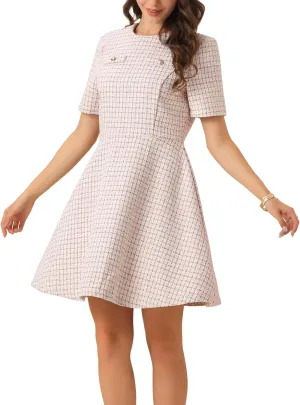 Allegra K Women's Elegant Short Sleeve A-line Dresses Plaid Tweed Dress