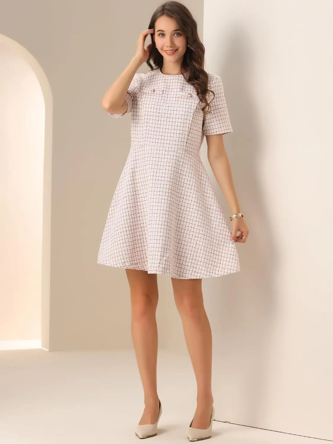 Allegra K Women's Elegant Short Sleeve A-line Dresses Plaid Tweed Dress
