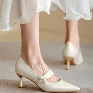 Beaded Pointed Toe Thin Heel Shoes