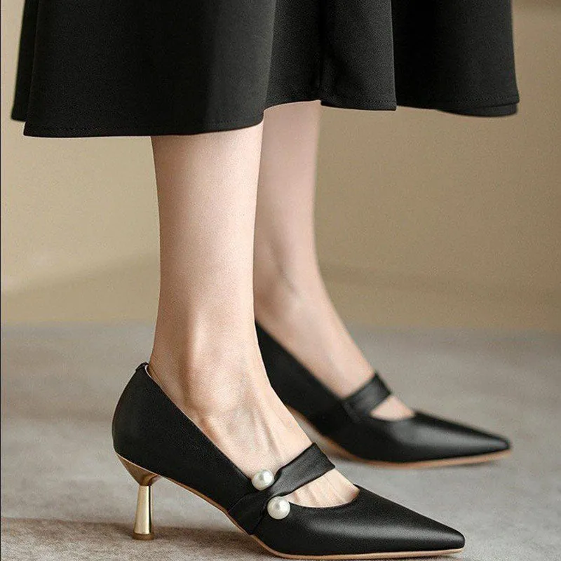 Beaded Pointed Toe Thin Heel Shoes