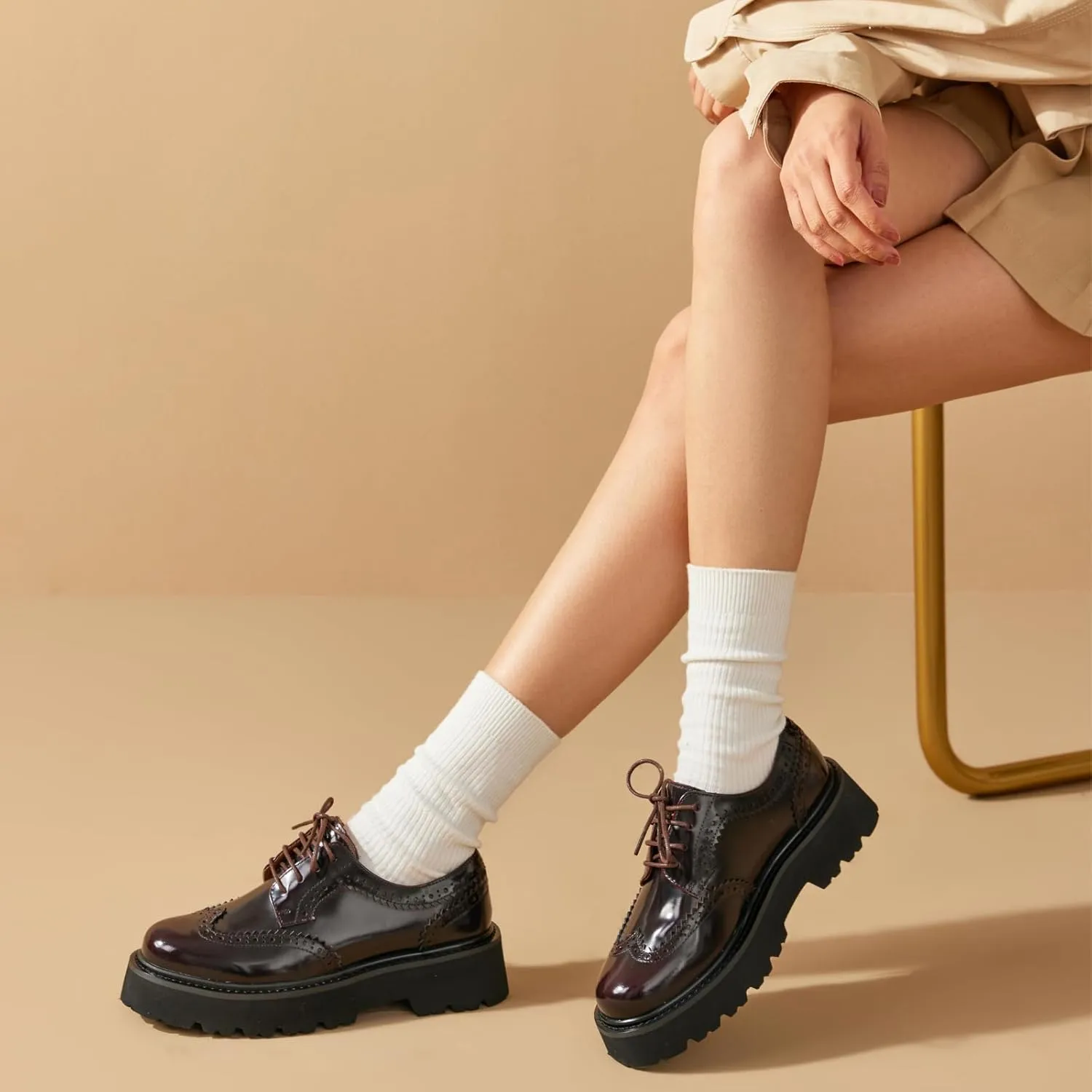 BEAU TODAY Platform Oxfords for Women, Oxford Shoes for Women, Chunky Leather Lace Up Oxford Shoes, Casual Comfort Business Work Office Dress Shoes