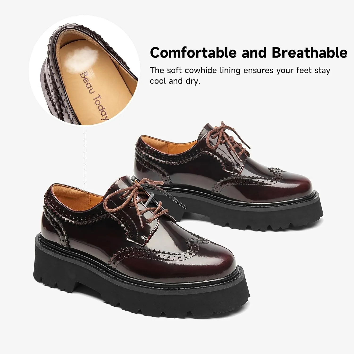 BEAU TODAY Platform Oxfords for Women, Oxford Shoes for Women, Chunky Leather Lace Up Oxford Shoes, Casual Comfort Business Work Office Dress Shoes