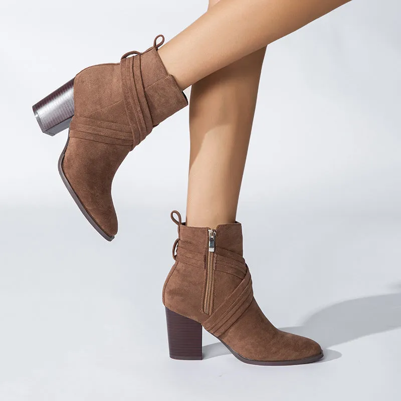 Block Heel Pointed Toe Suede Booties