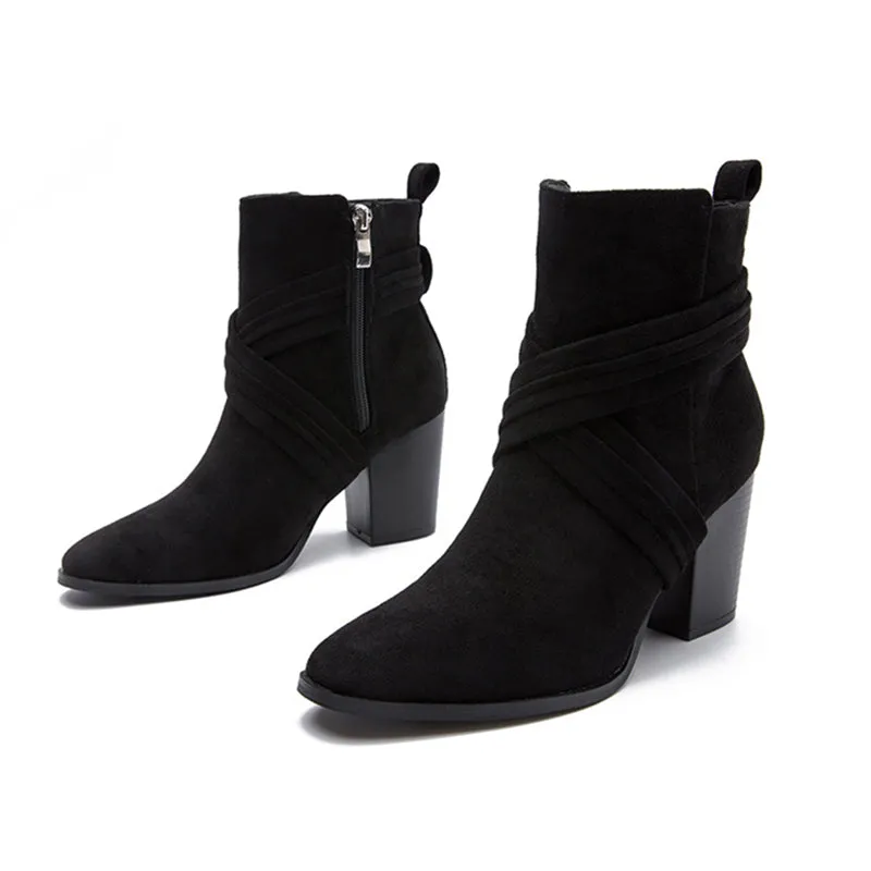 Block Heel Pointed Toe Suede Booties