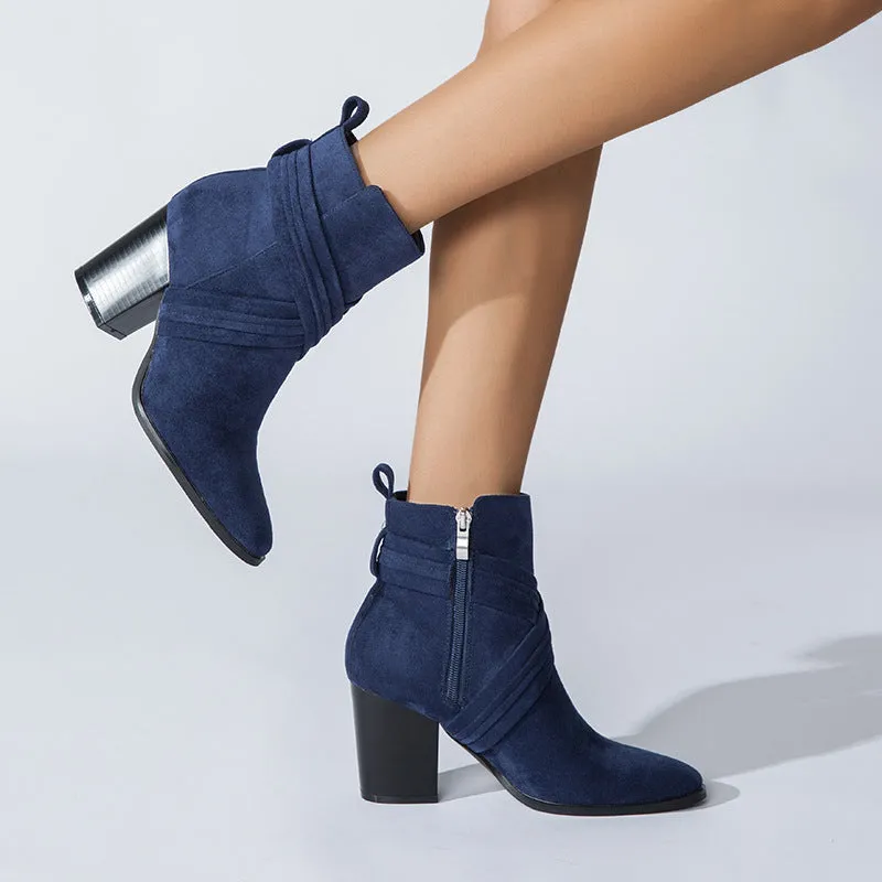 Block Heel Pointed Toe Suede Booties