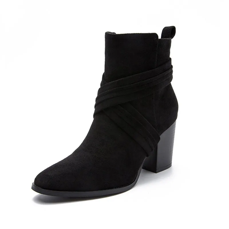Block Heel Pointed Toe Suede Booties