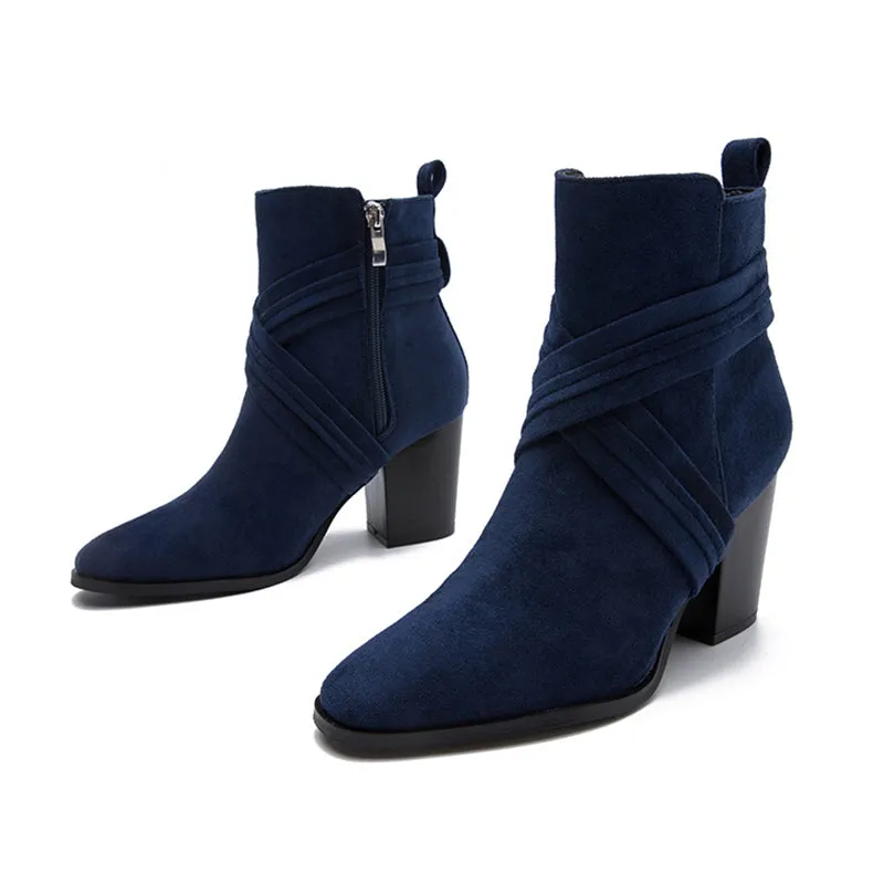 Block Heel Pointed Toe Suede Booties