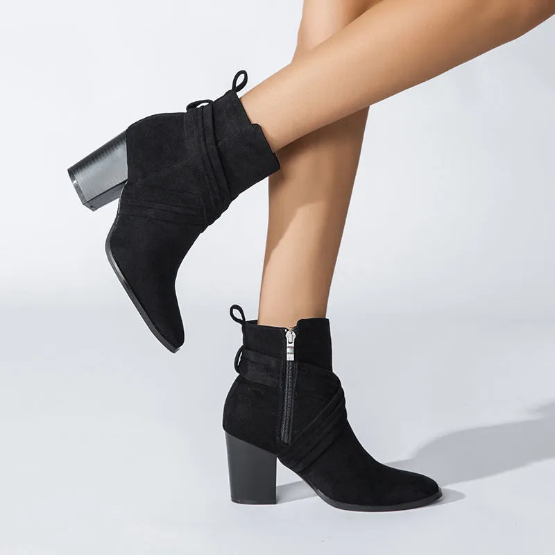 Block Heel Pointed Toe Suede Booties
