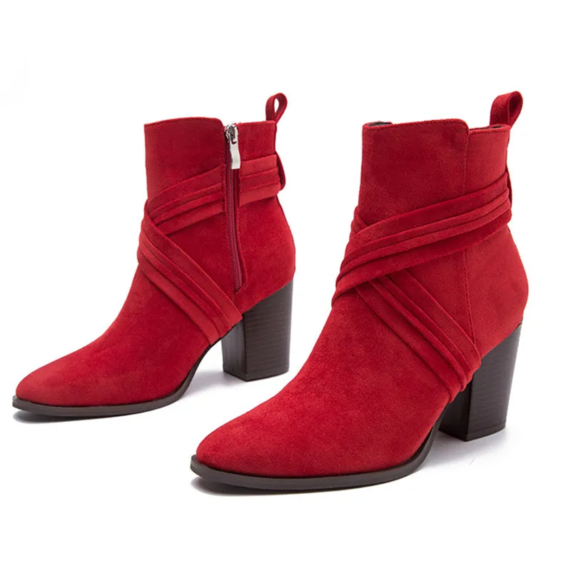 Block Heel Pointed Toe Suede Booties