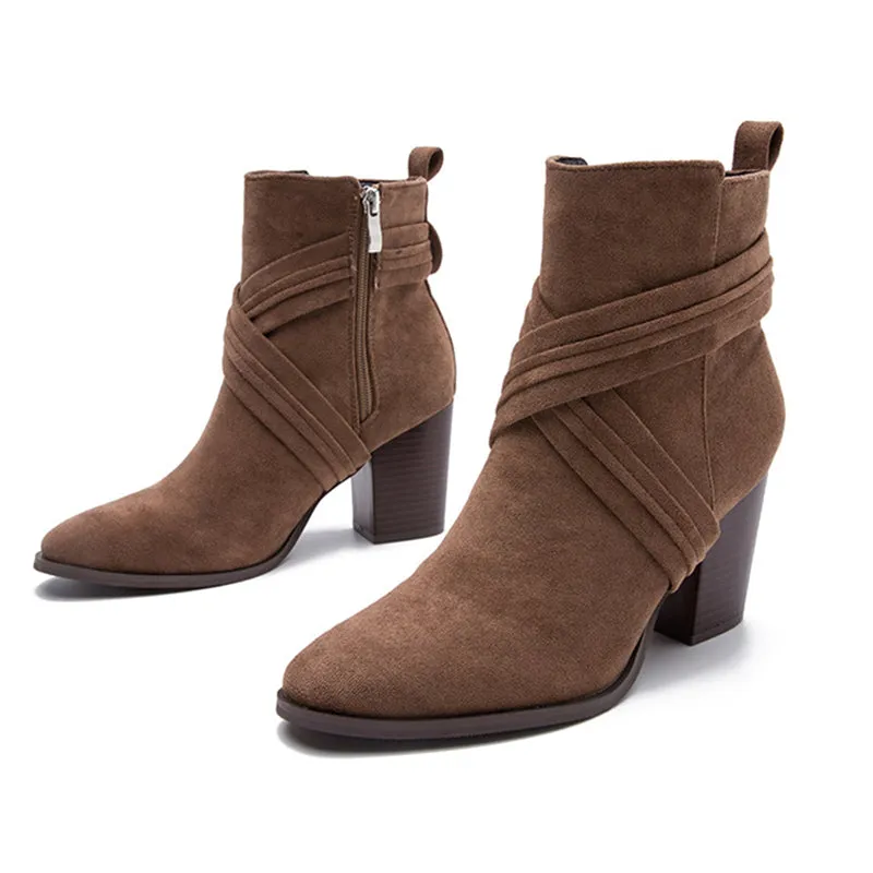 Block Heel Pointed Toe Suede Booties