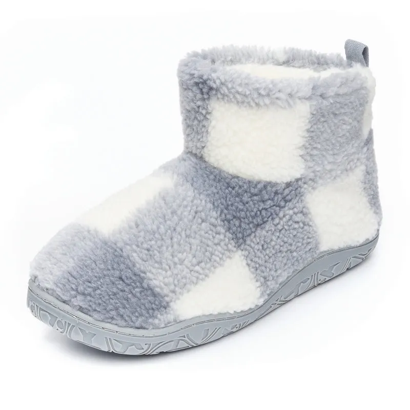 Celeste - Shorter Length Check Sherpa Slipper Boot - Grey Check