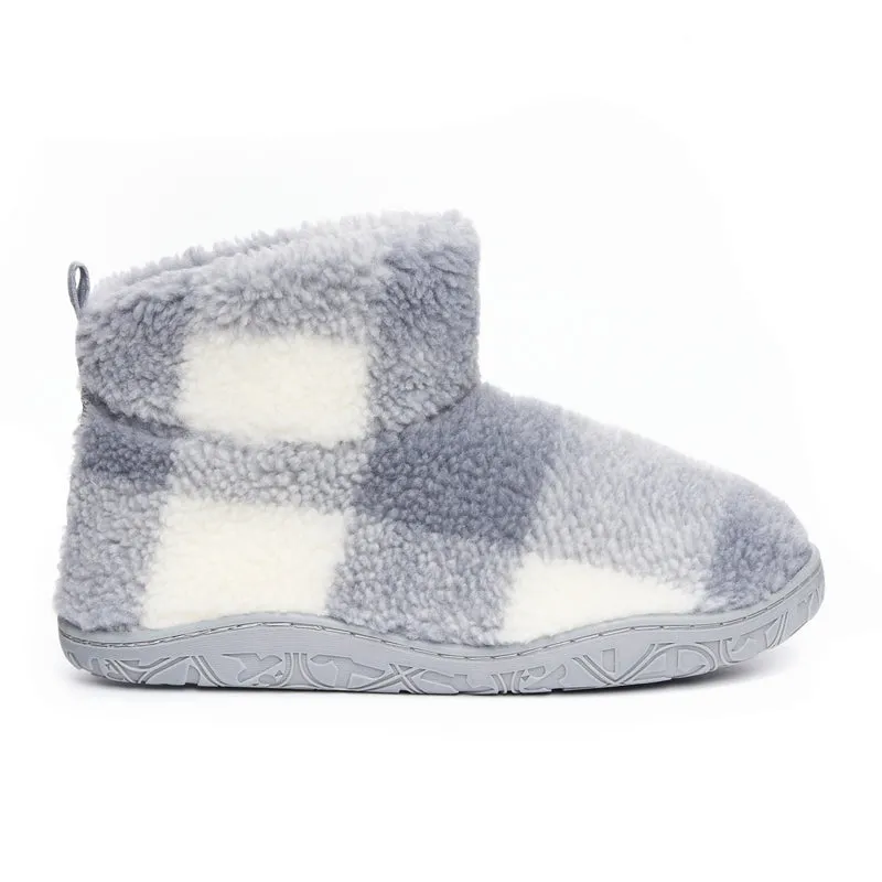 Celeste - Shorter Length Check Sherpa Slipper Boot - Grey Check