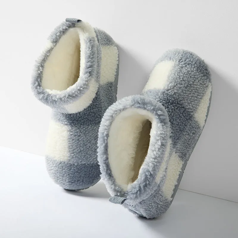 Celeste - Shorter Length Check Sherpa Slipper Boot - Grey Check
