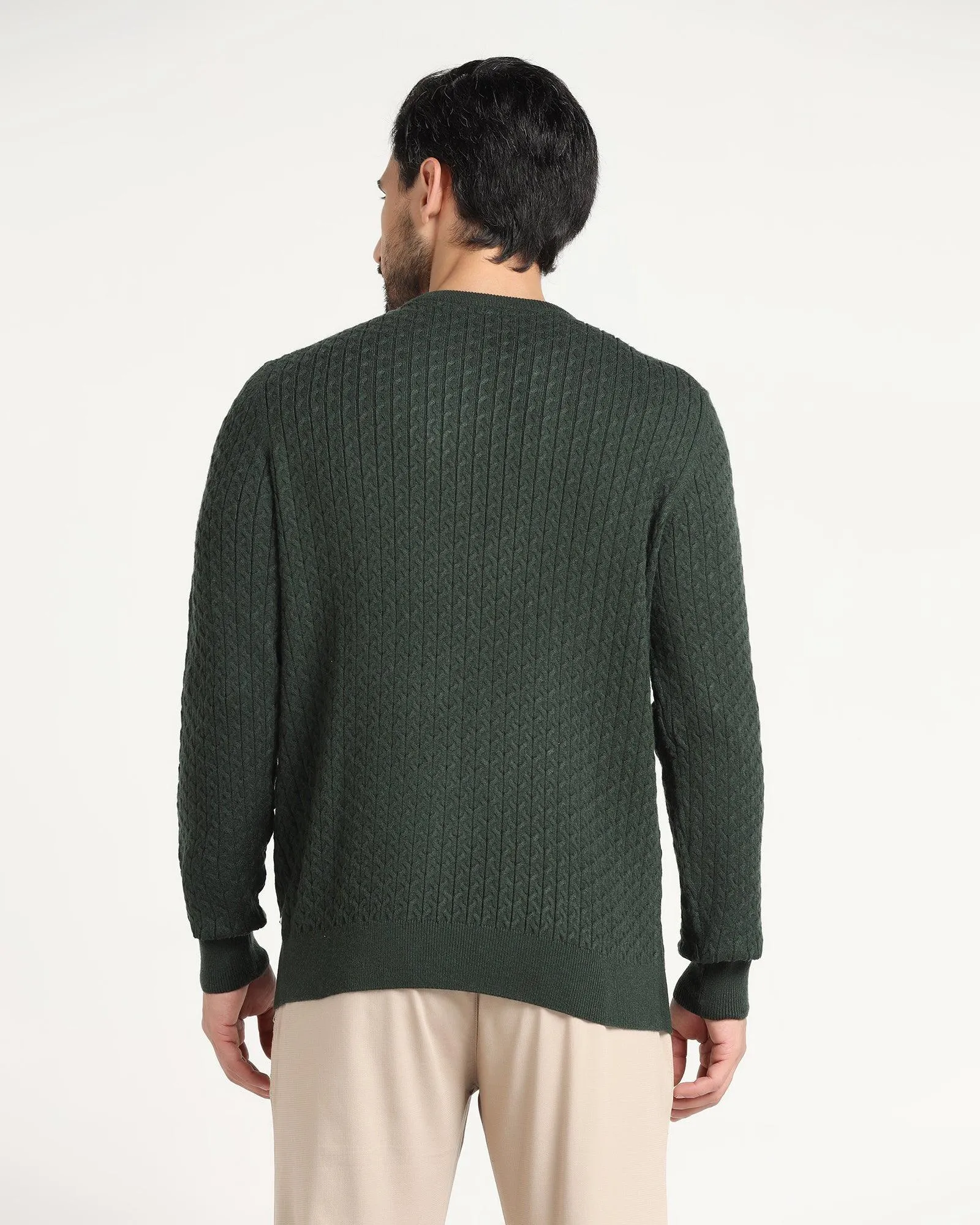 Crew Neck Bottle Green Textured Sweater - Jiggle