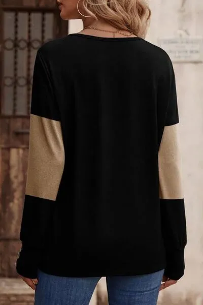 Elegant Decorative Button Contrast V-Neck Long Sleeve Top – Stylish & Versatile | S-2XL | 6 Colors