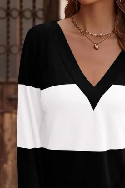 Elegant Decorative Button Contrast V-Neck Long Sleeve Top – Stylish & Versatile | S-2XL | 6 Colors