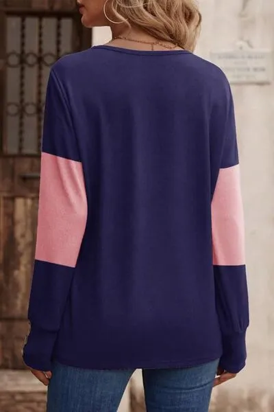 Elegant Decorative Button Contrast V-Neck Long Sleeve Top – Stylish & Versatile | S-2XL | 6 Colors
