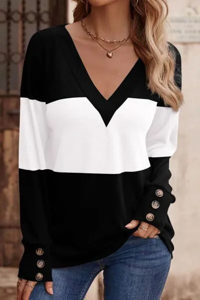 Elegant Decorative Button Contrast V-Neck Long Sleeve Top – Stylish & Versatile | S-2XL | 6 Colors