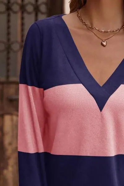 Elegant Decorative Button Contrast V-Neck Long Sleeve Top – Stylish & Versatile | S-2XL | 6 Colors