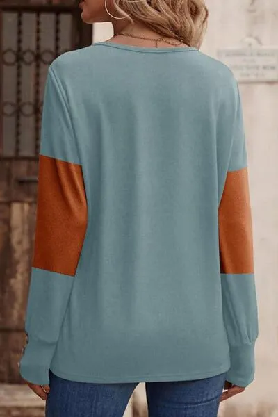 Elegant Decorative Button Contrast V-Neck Long Sleeve Top – Stylish & Versatile | S-2XL | 6 Colors