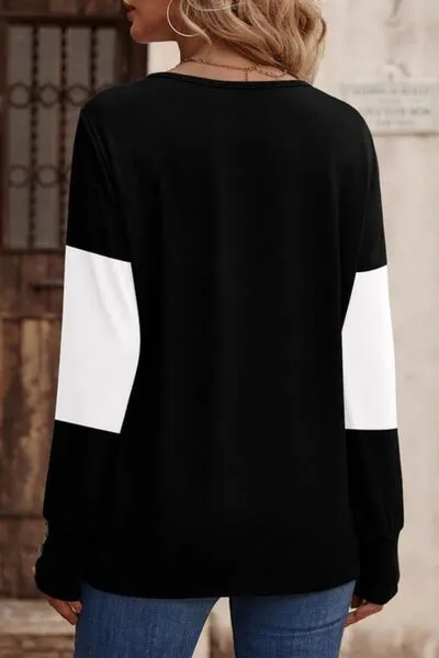 Elegant Decorative Button Contrast V-Neck Long Sleeve Top – Stylish & Versatile | S-2XL | 6 Colors