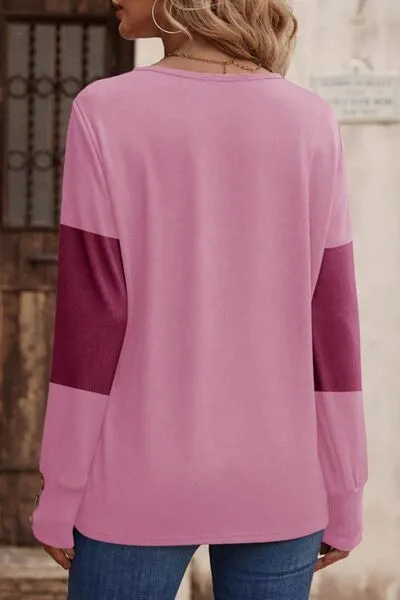 Elegant Decorative Button Contrast V-Neck Long Sleeve Top – Stylish & Versatile | S-2XL | 6 Colors