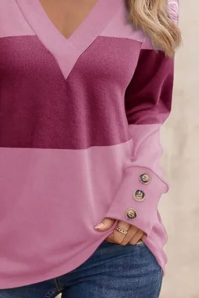 Elegant Decorative Button Contrast V-Neck Long Sleeve Top – Stylish & Versatile | S-2XL | 6 Colors