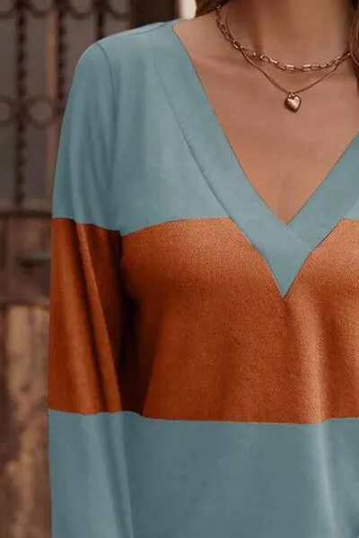 Elegant Decorative Button Contrast V-Neck Long Sleeve Top – Stylish & Versatile | S-2XL | 6 Colors