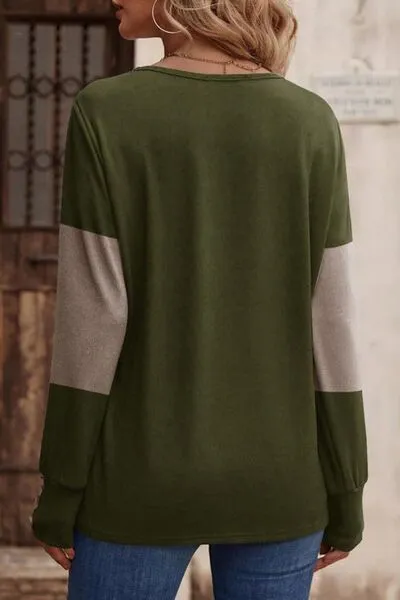 Elegant Decorative Button Contrast V-Neck Long Sleeve Top – Stylish & Versatile | S-2XL | 6 Colors