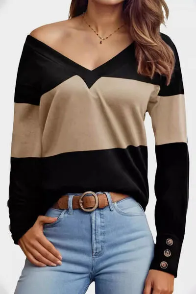 Elegant Decorative Button Contrast V-Neck Long Sleeve Top – Stylish & Versatile | S-2XL | 6 Colors