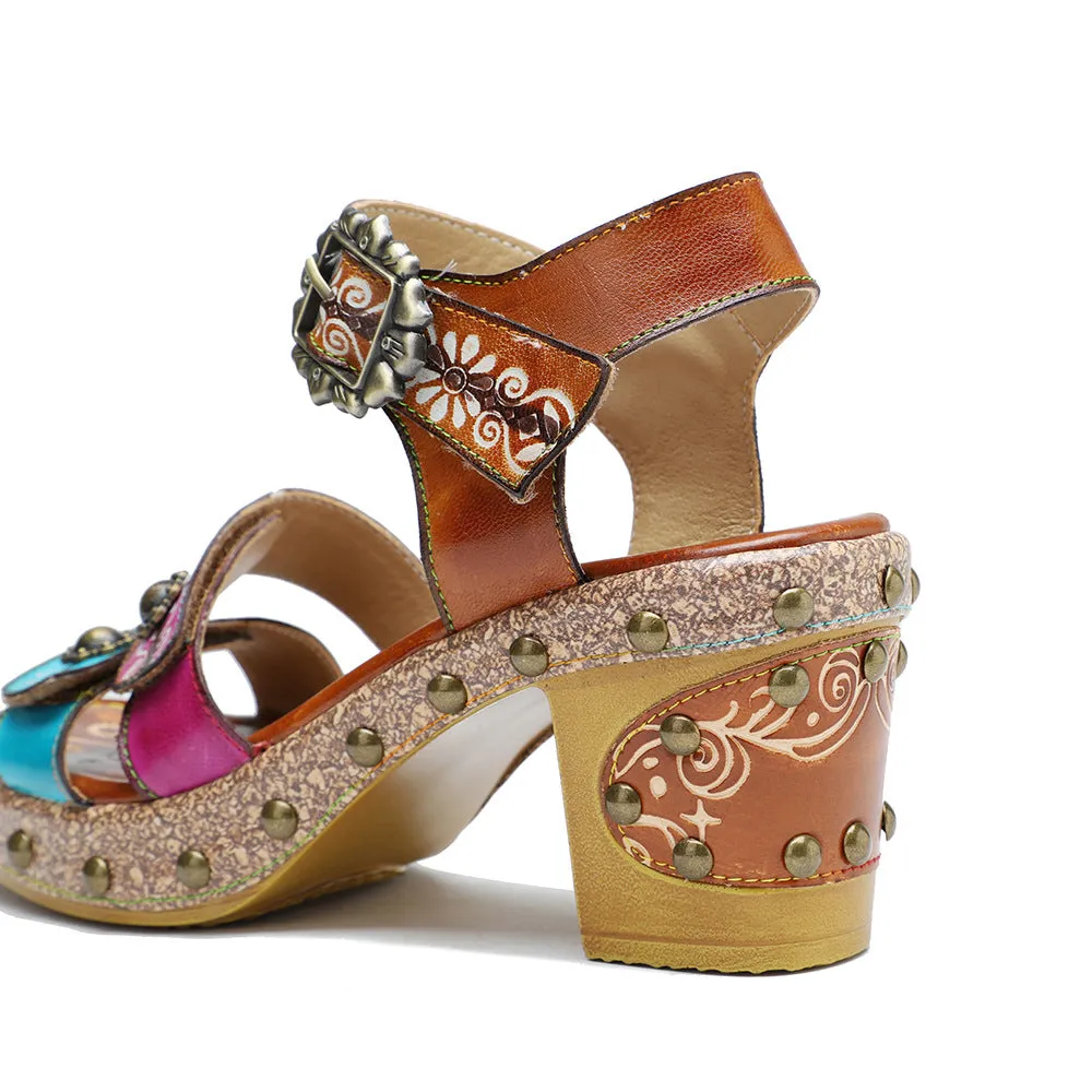 Genuine Leather Hand-polished Retro Rivets Contrasting Color Comfortable Thick Heel High Heel Sandals