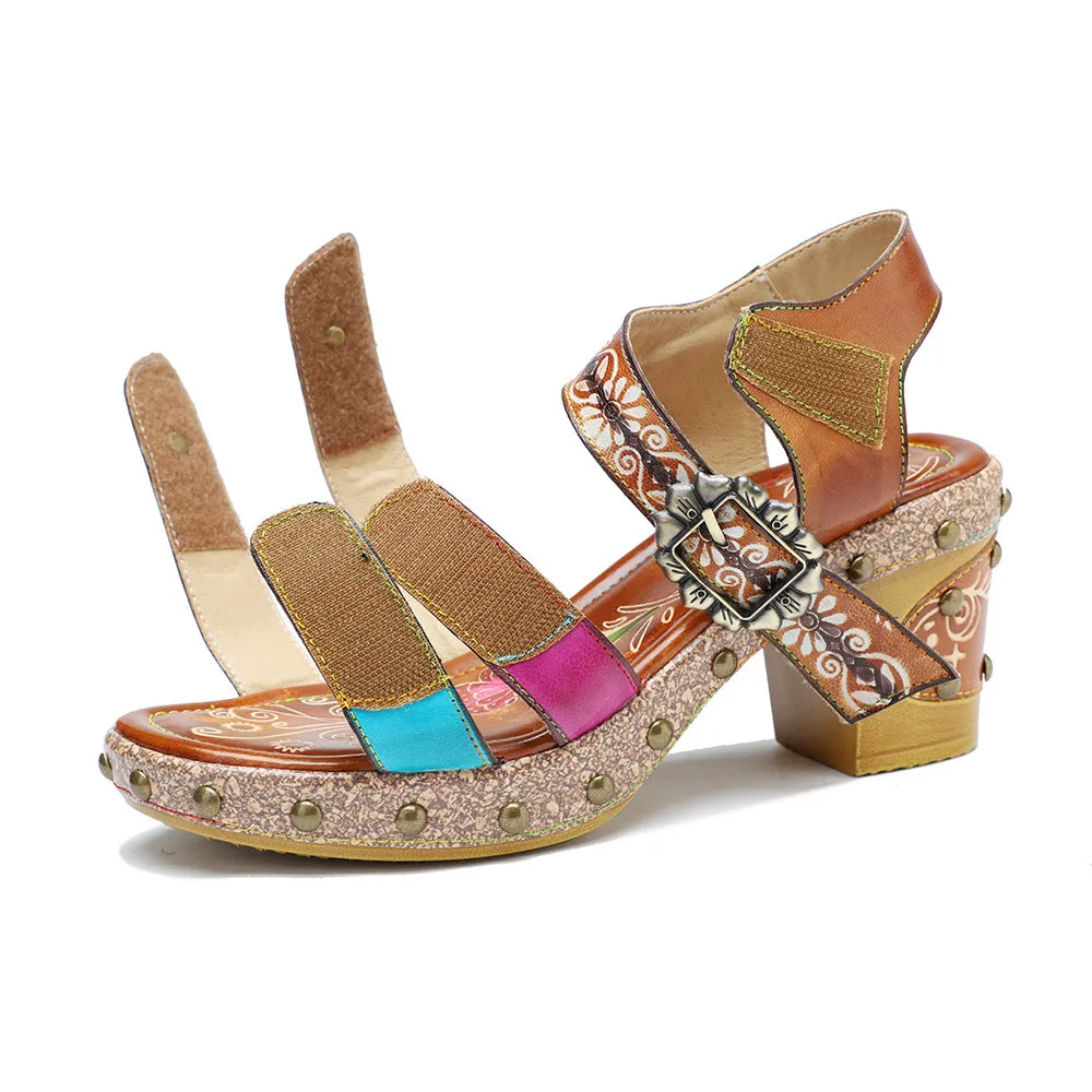 Genuine Leather Hand-polished Retro Rivets Contrasting Color Comfortable Thick Heel High Heel Sandals