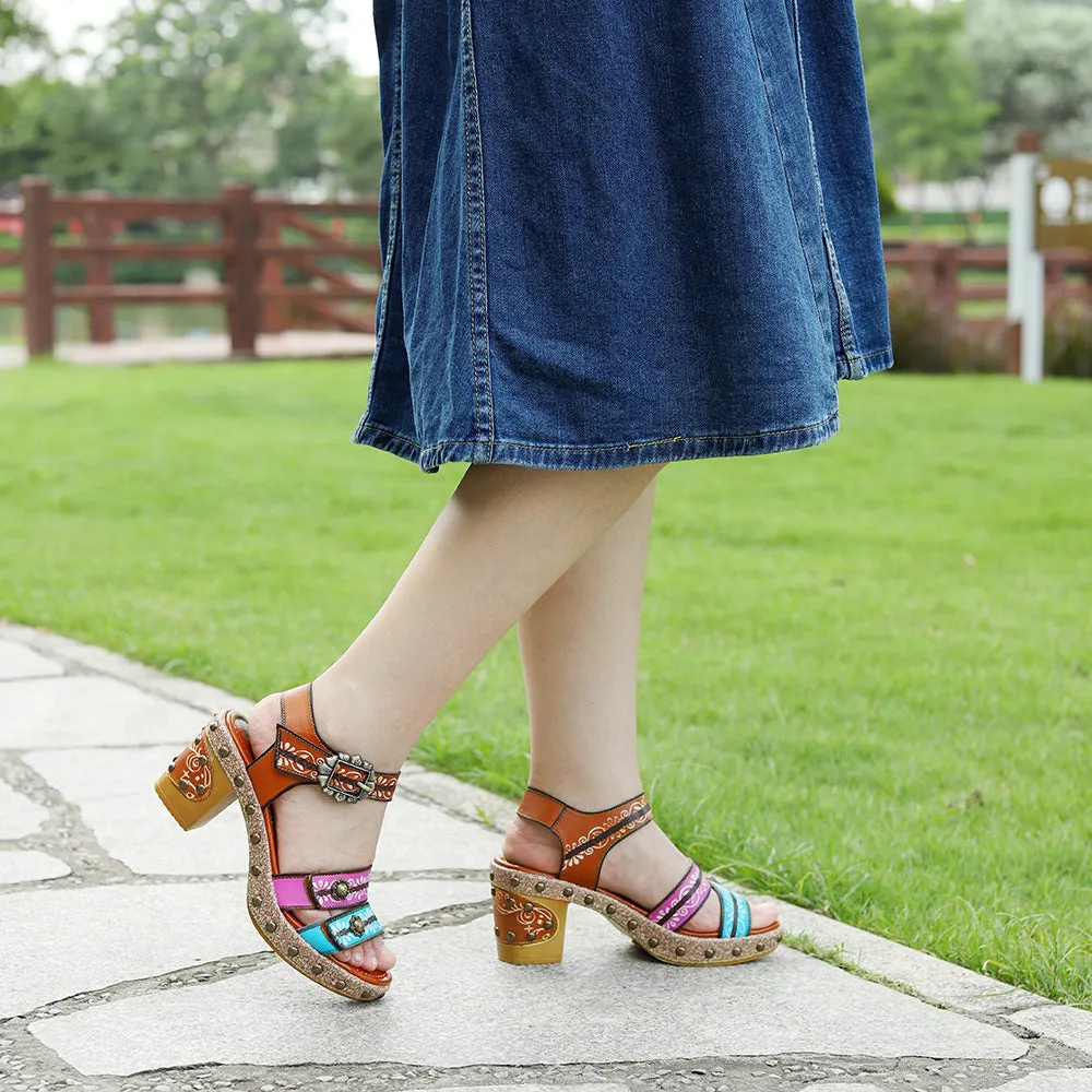 Genuine Leather Hand-polished Retro Rivets Contrasting Color Comfortable Thick Heel High Heel Sandals