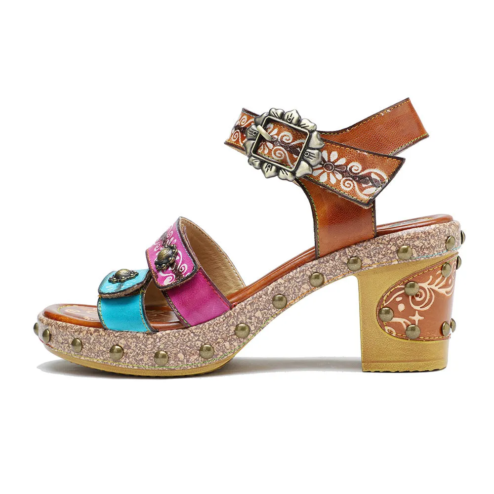 Genuine Leather Hand-polished Retro Rivets Contrasting Color Comfortable Thick Heel High Heel Sandals