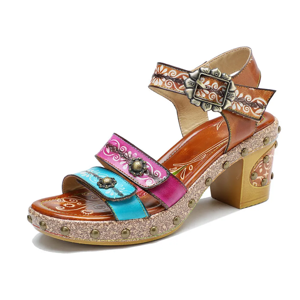 Genuine Leather Hand-polished Retro Rivets Contrasting Color Comfortable Thick Heel High Heel Sandals