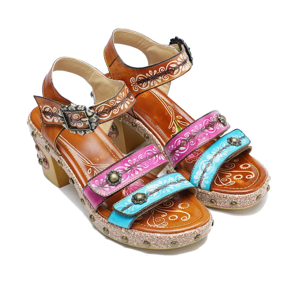 Genuine Leather Hand-polished Retro Rivets Contrasting Color Comfortable Thick Heel High Heel Sandals