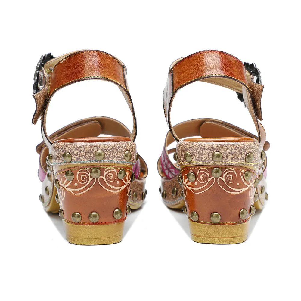 Genuine Leather Hand-polished Retro Rivets Contrasting Color Comfortable Thick Heel High Heel Sandals