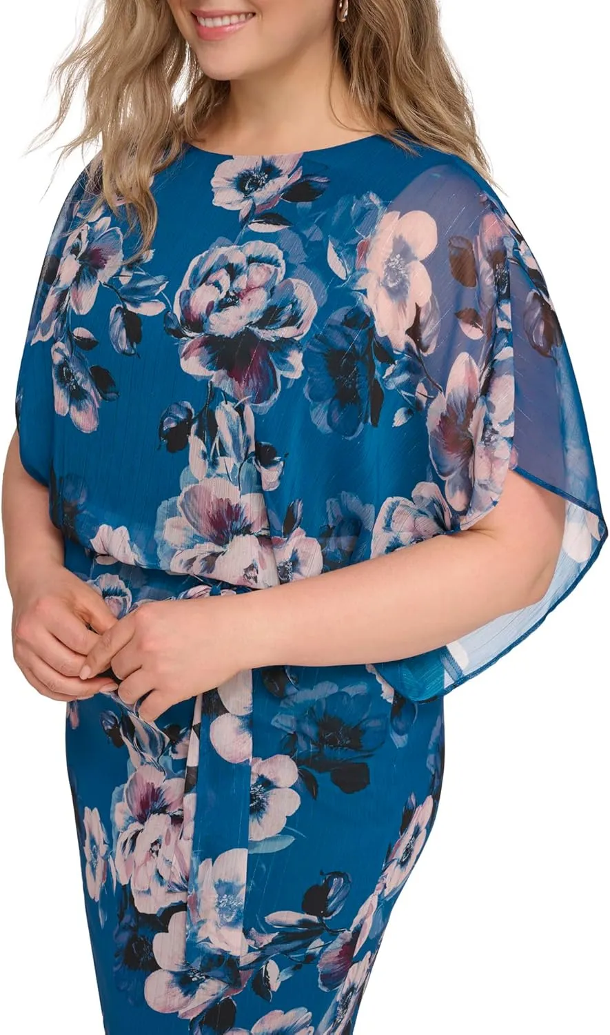 Jessica Howard Women's Floral Chiffon Mini Dress  3/4 Sleeve Boat Neck