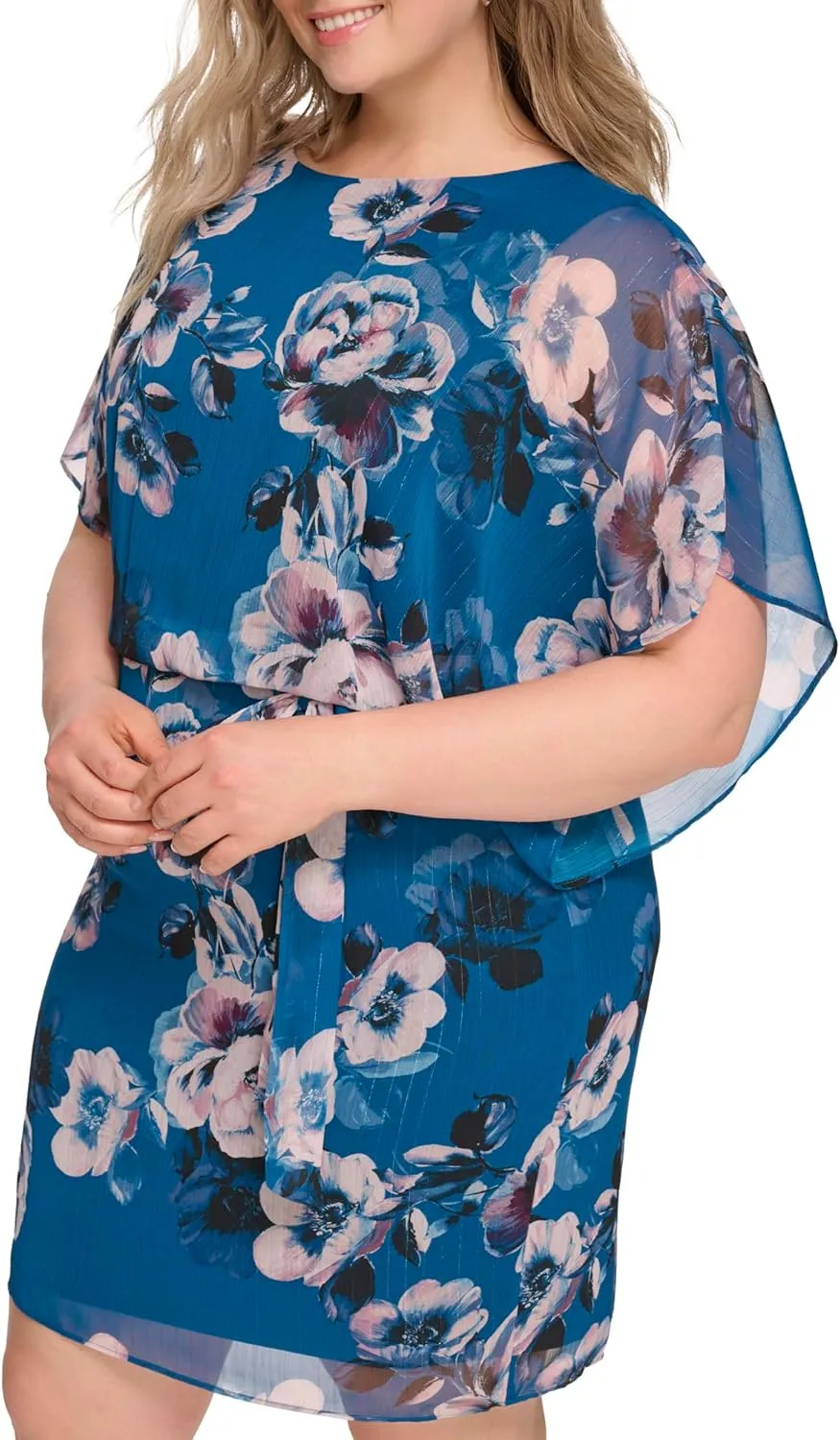 Jessica Howard Women's Floral Chiffon Mini Dress  3/4 Sleeve Boat Neck