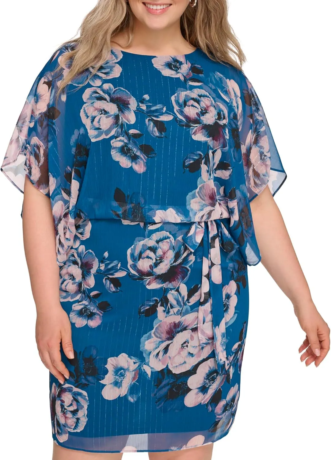 Jessica Howard Women's Floral Chiffon Mini Dress  3/4 Sleeve Boat Neck
